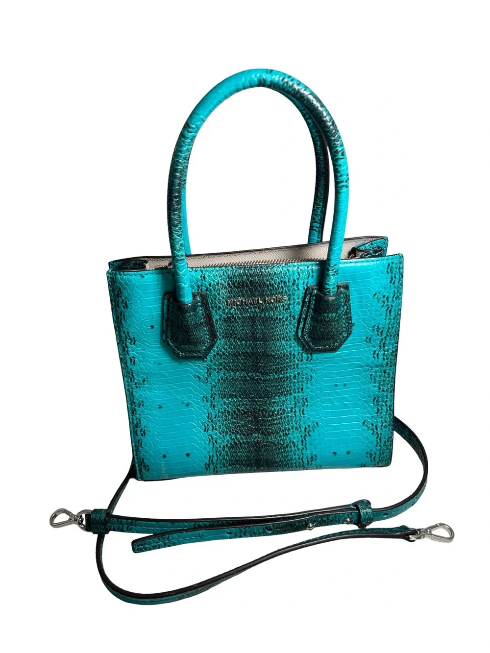 Michael Kors Teal Turquoise Snake-Embossed small handbag purse with strap MK bag - Picture 7 of 8
